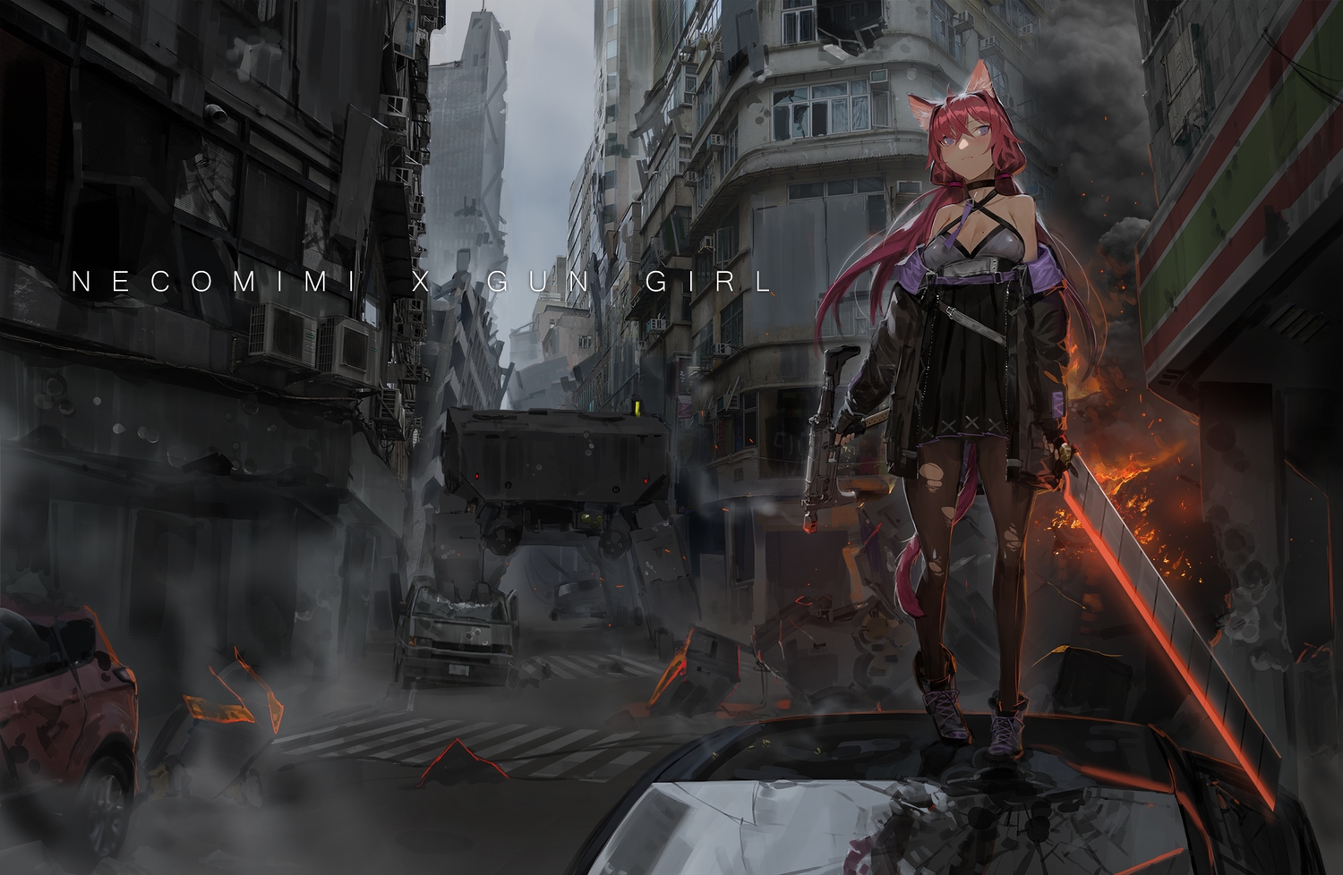 animal_ears, breasts, building, catgirl, city, cleavage, fire, gun