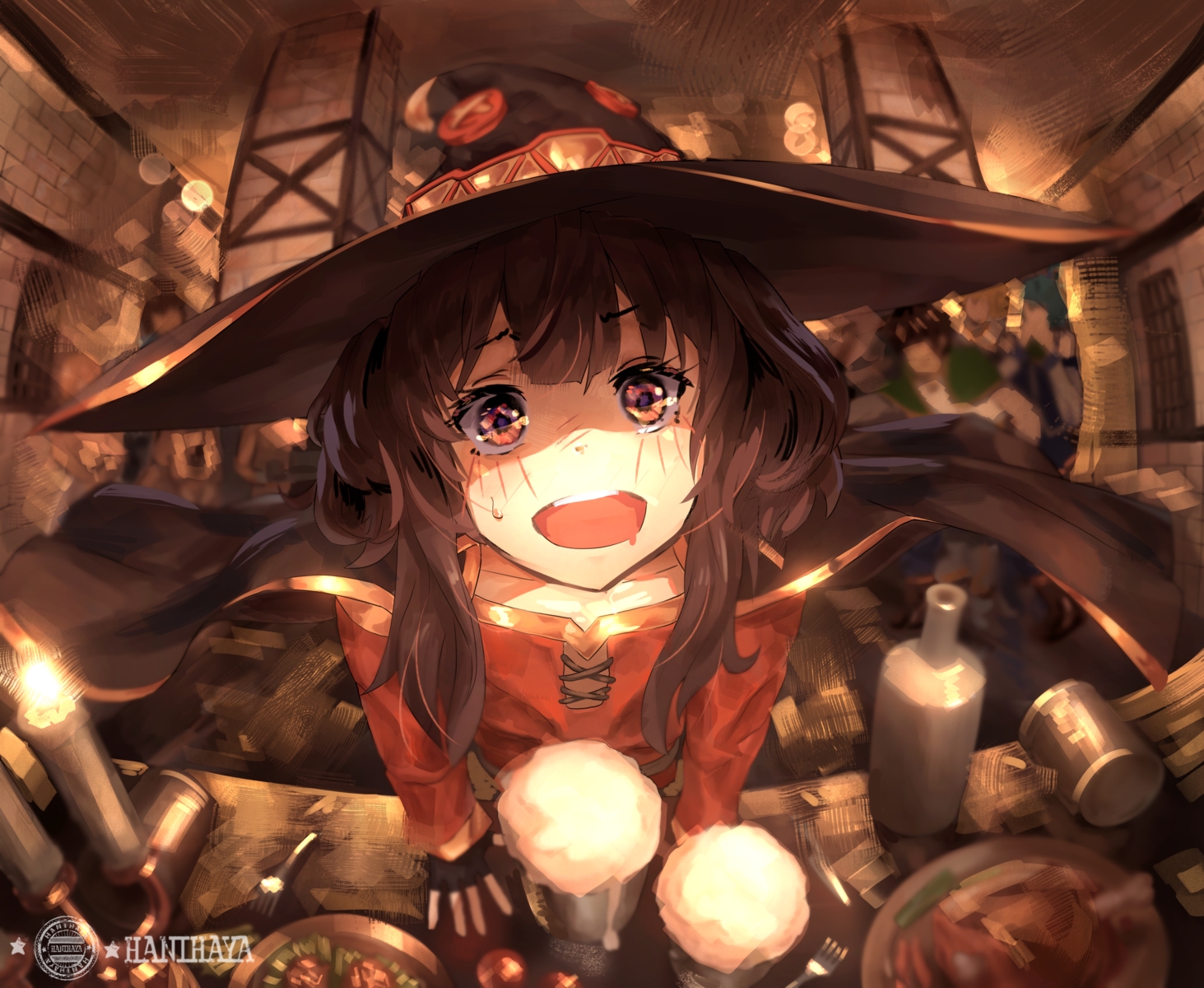 aqua_(konosuba), brown_hair, cape, close, darkness_(konosuba), drink, food, gloves