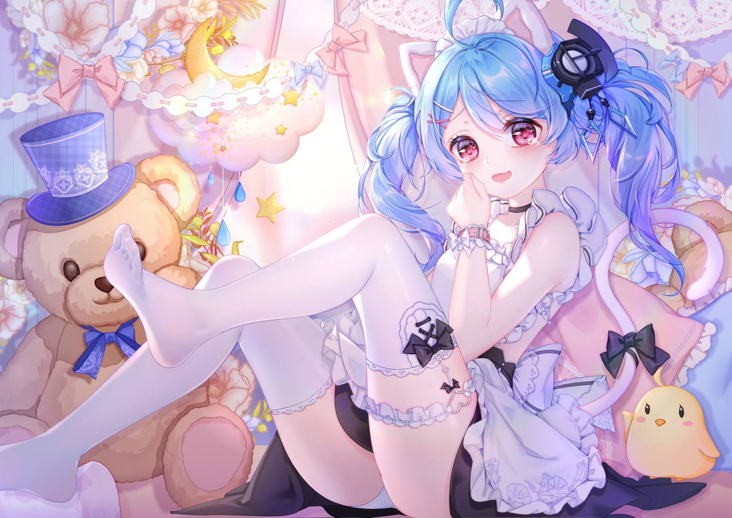 animal_ears, anthropomorphism, azur_lane, bed, blue_hair, blush, bow, helena_(azur_lane), helena-chan_(azur_lane), irisrey, loli, lolita_fashion, maid, manjuu_(azur_lane), red_eyes, stockings, tail, tears, teddy_bear, twintails