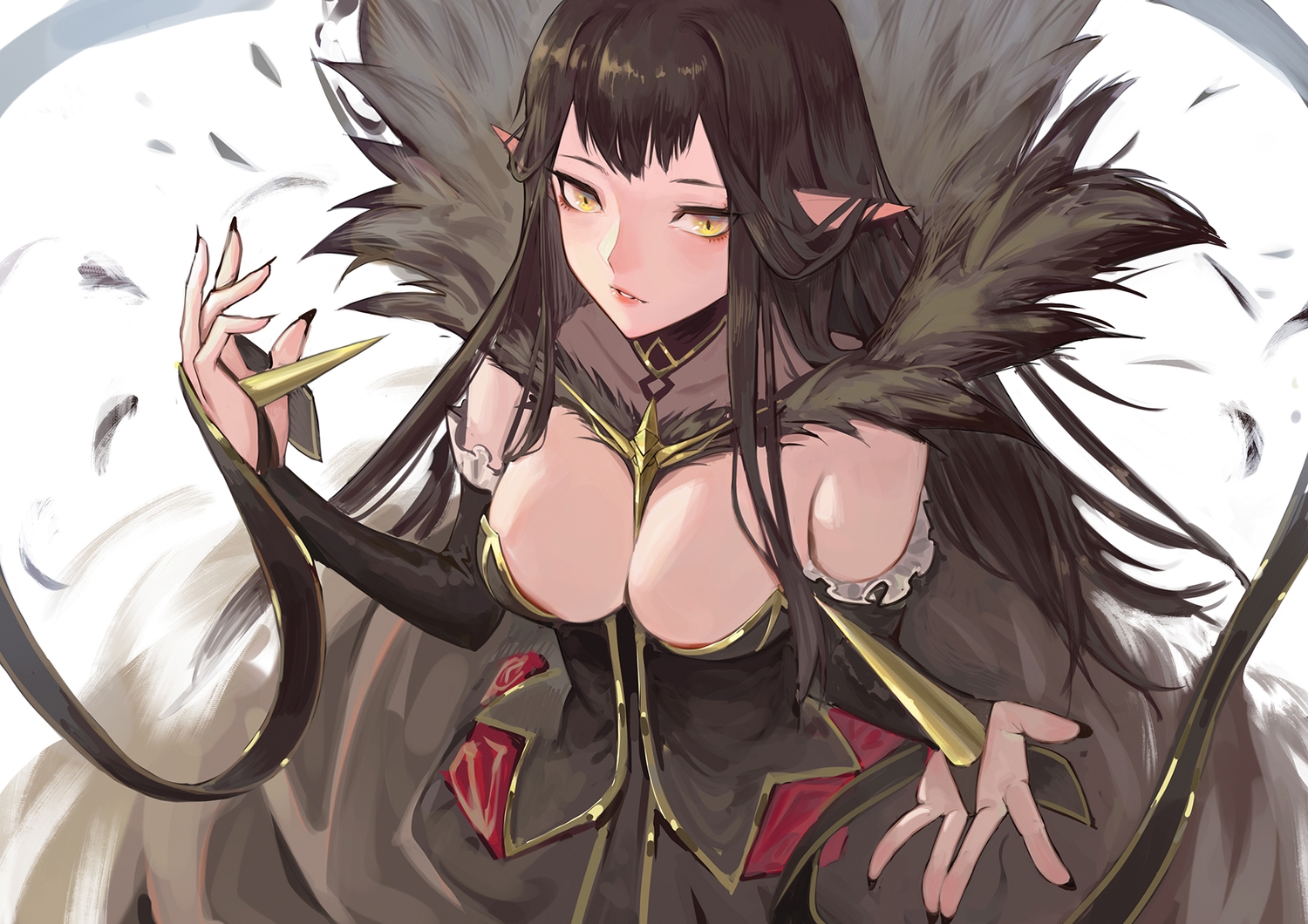 black_hair, dress, fate/grand_order, fate_(series), feathers, krin, long_hair, pointed_ears