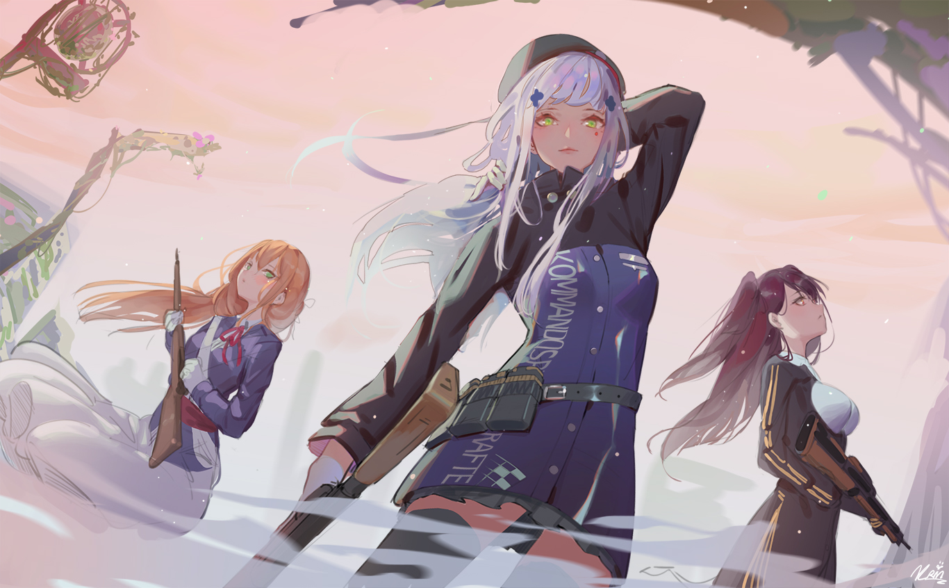 anthropomorphism, brown_hair, dress, girls_frontline, gloves, gray_hair, green_eyes, gun