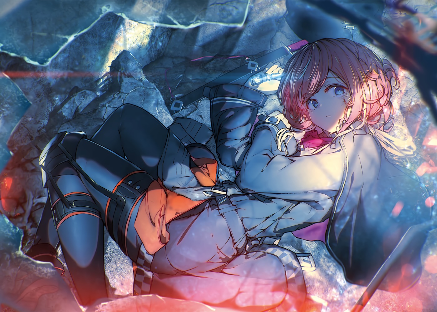 blue_eyes, cape, enj!, garter_belt, kokonoe_(shinitagari), pink_hair, shinitagari_no_seijo_ni_shiawase_na_shuumatsu_wo., short_hair