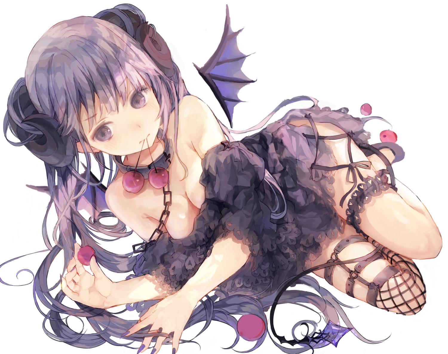 breasts, chain, cherry, cleavage, collar, demon, food, fruit, garter, goth-loli, horns, lolita_fashion, long_hair, opopowa, original, purple_eyes, purple_hair, twintails, white, wings