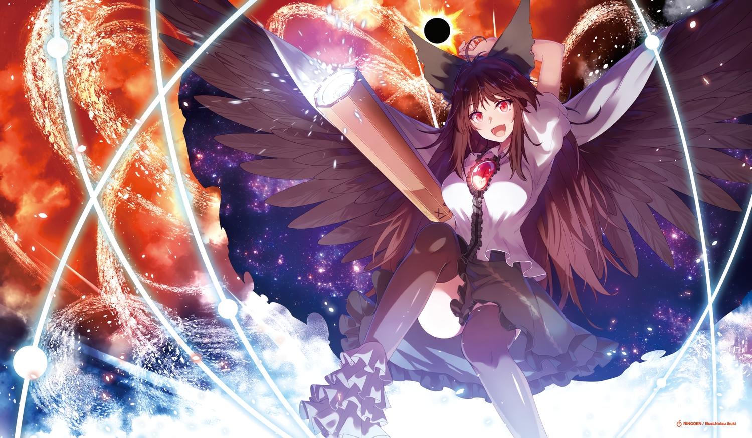 black_hair, ibuki_notsu, long_hair, magic, red_eyes, reiuji_utsuho, stars, thighhighs