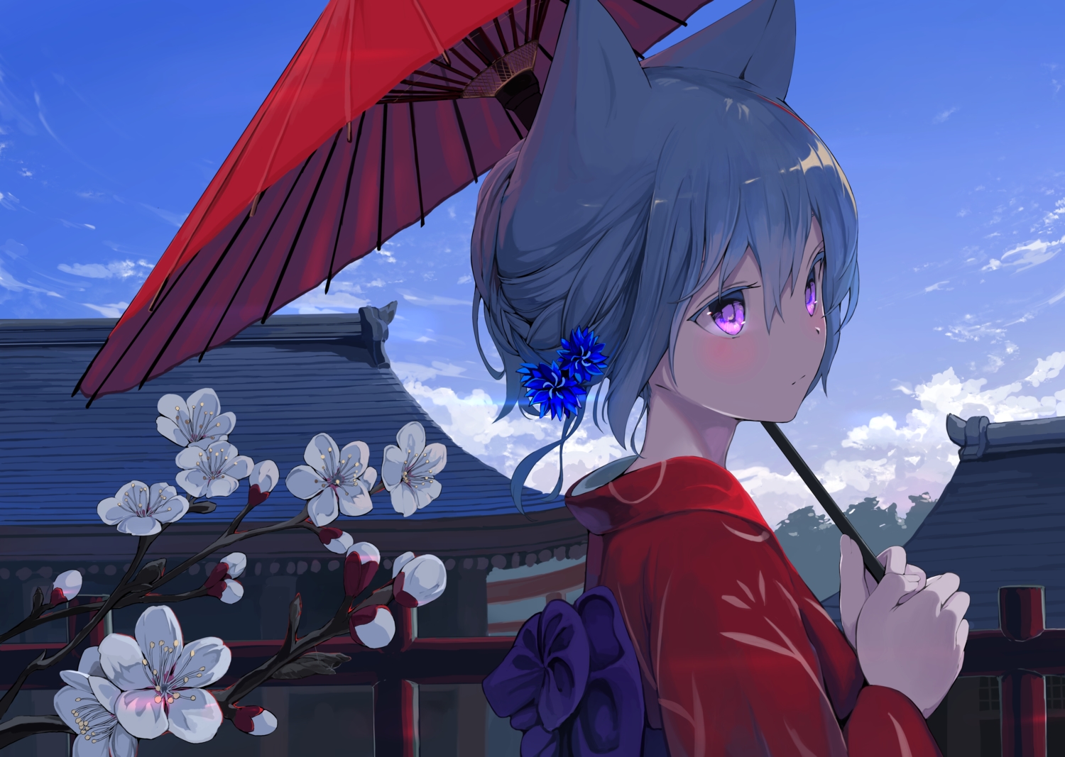blue_hair, braids, building, close, clouds, flowers, japanese_clothes, kimono