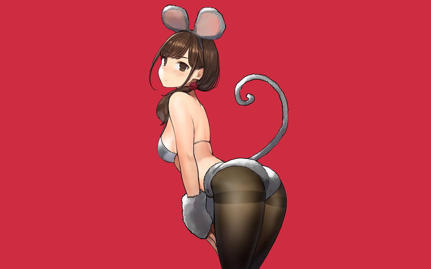 animal_ears, ass, bikini_top, blush, breasts, brown_eyes, brown_hair, gloves, mousegirl, original, pantyhose, ponytail, red, tail, yomu_(sgt_epper)