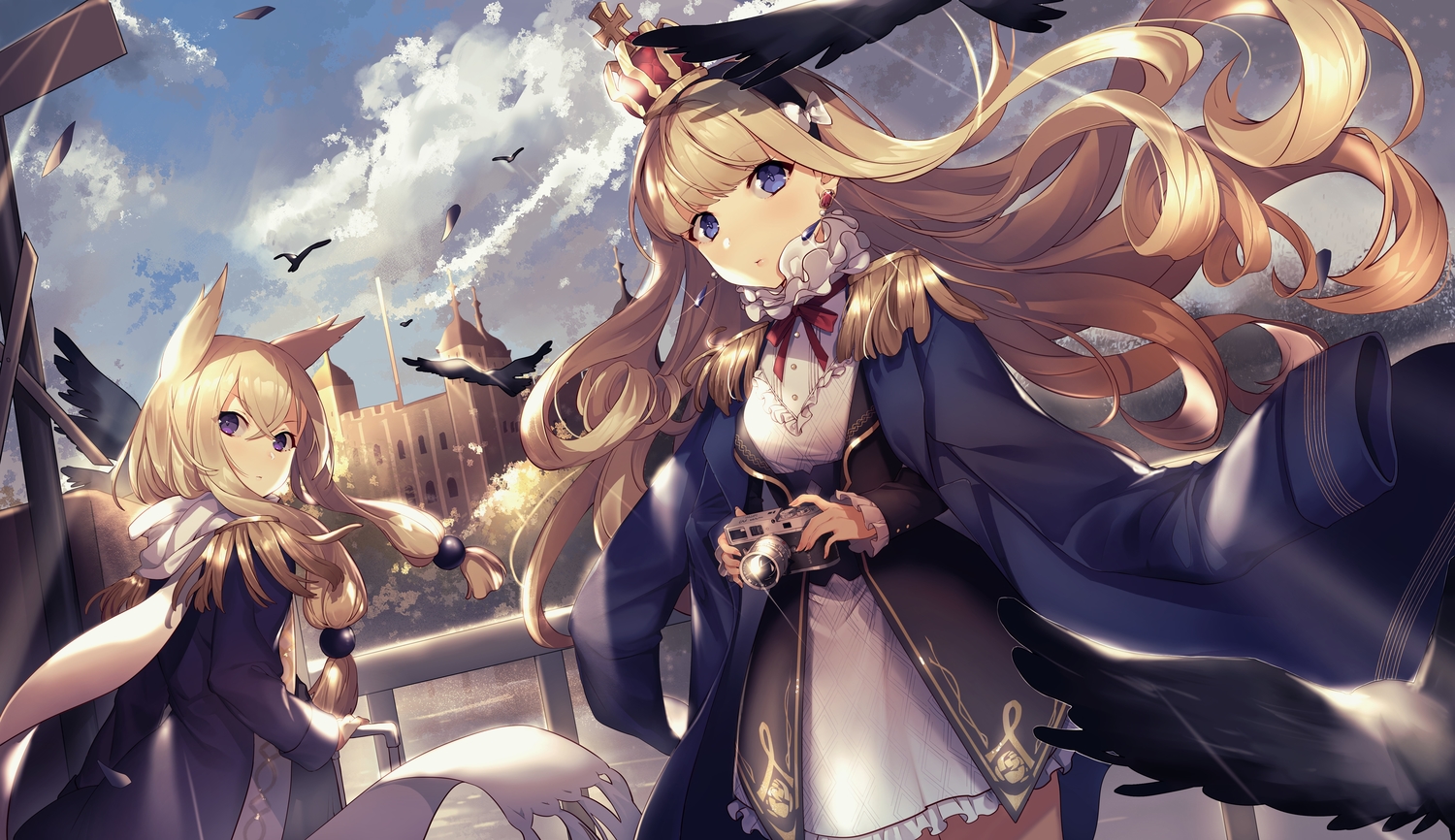 2girls, animal, animal_ears, anthropomorphism, azur_lane, bird, camera, iiiroha