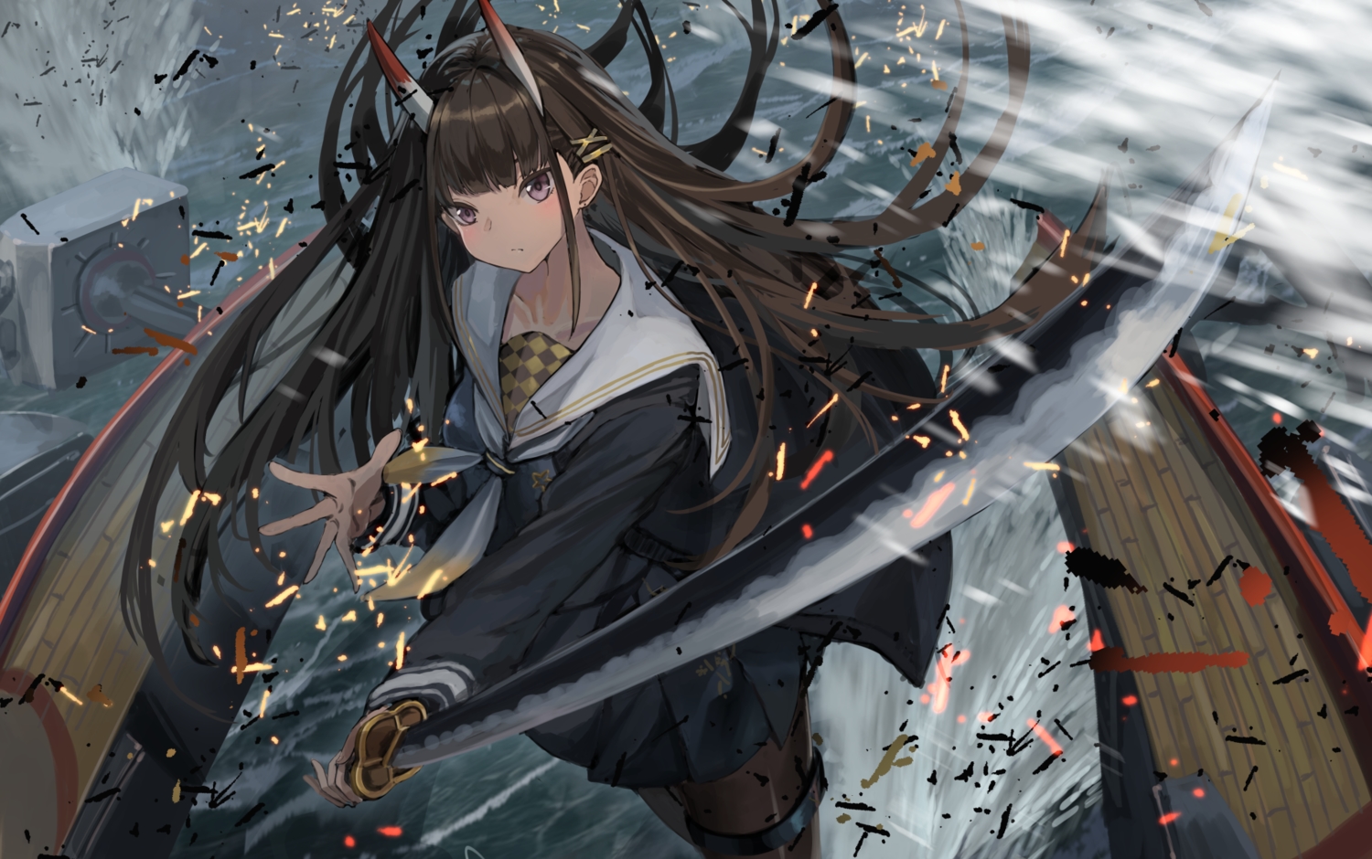 anthropomorphism, azur_lane, brown_hair, demon, horns, katana, long_hair, noshiro_(azur_lane)