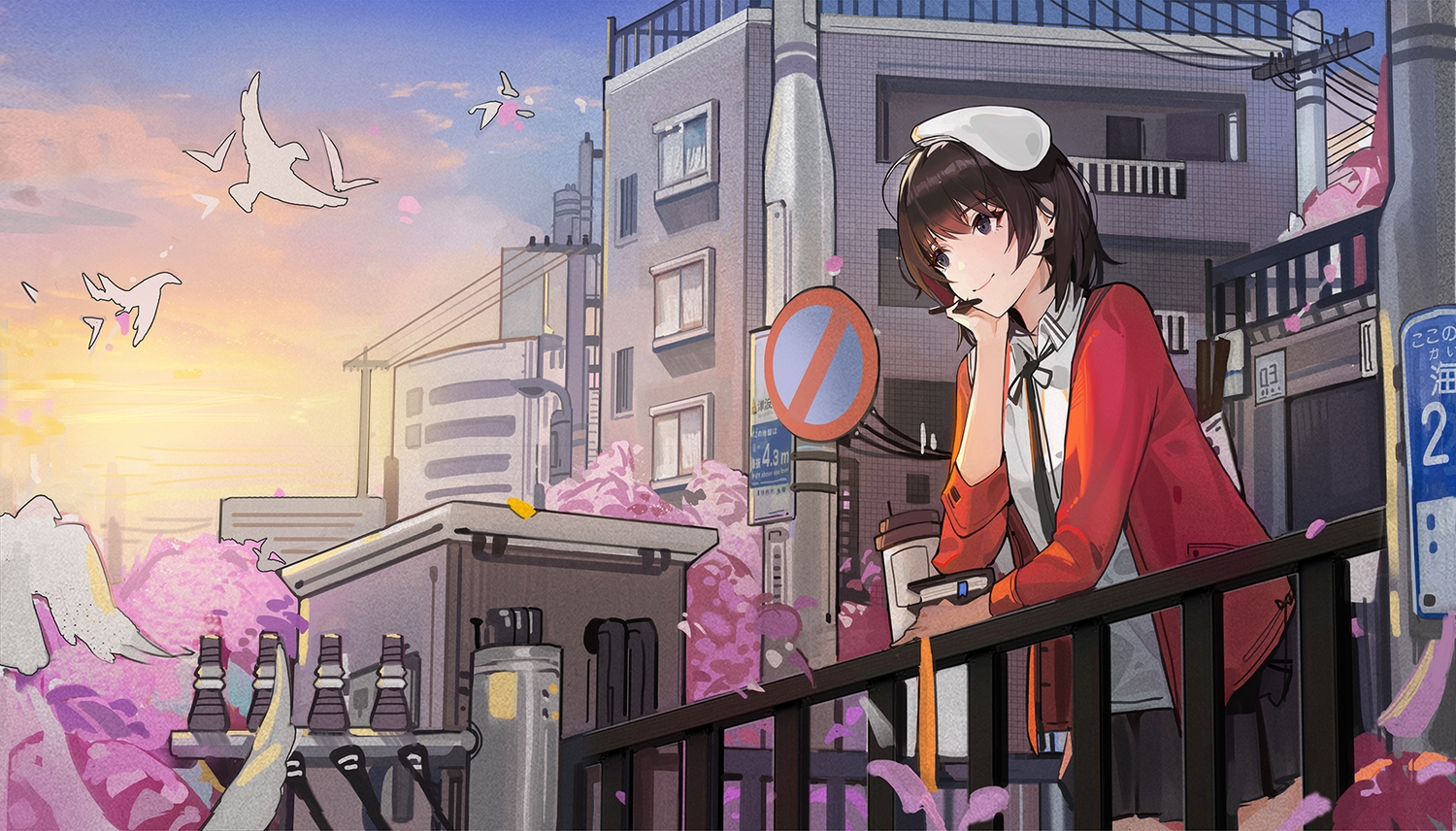 black_eyes, building, city, clouds, hat, katou_megumi, plumw, saenai_heroine_no_sodatekata
