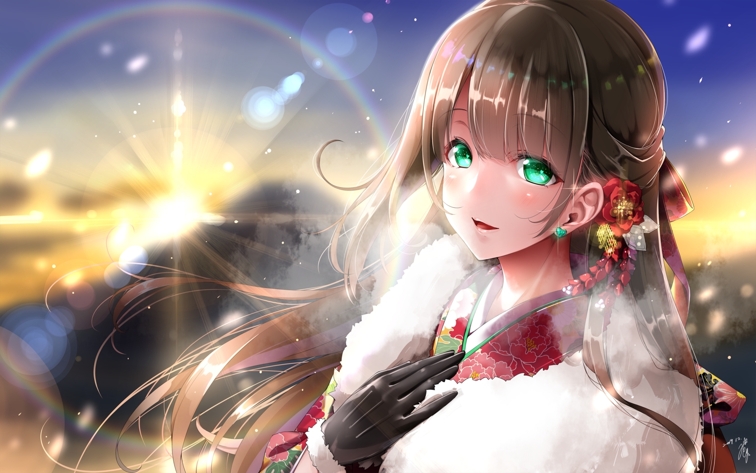 blush, brown_hair, close, gloves, green_eyes, japanese_clothes, kimono, long_hair