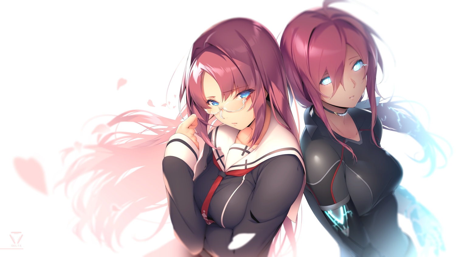 2girls, aqua_eyes, breast_hold, breasts, glasses, long_hair, original, petals