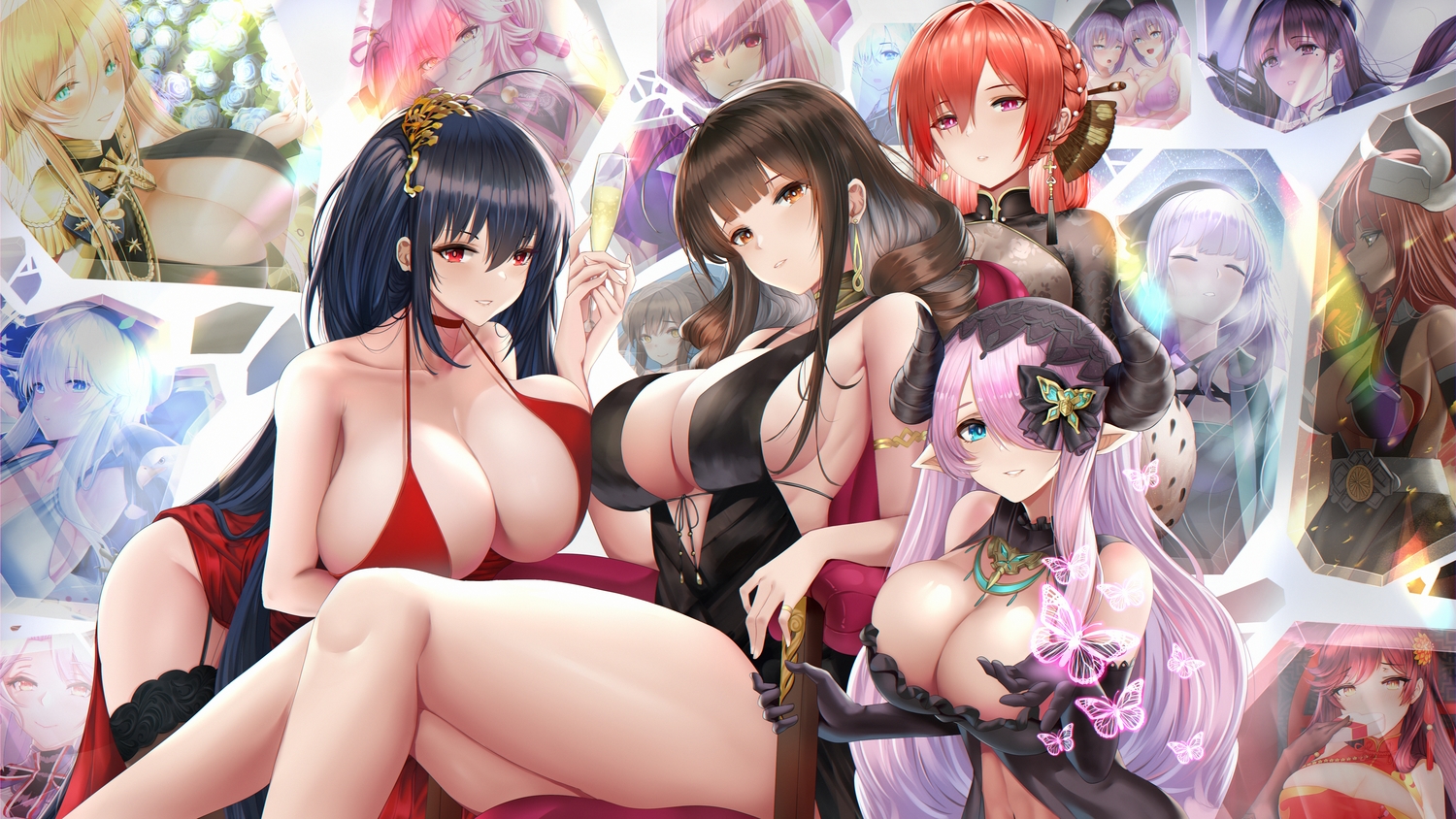anthropomorphism, atago_(azur_lane), azur_lane, bismarck_(azur_lane), breasts, cleavage, crossover, doggirl, dsr-50_(girls_frontline), enterprise_(azur_lane), fate/grand_order, fate_(series), girls_frontline, granblue_fantasy, illustrious_(azur_lane), monarch_(azur_lane), narmaya_(granblue_fantasy), original, piukute062, prinz_eugen_(azur_lane), scathach_(fate/grand_order), stockings, taihou_(azur_lane), tamamo_no_mae_(fate)