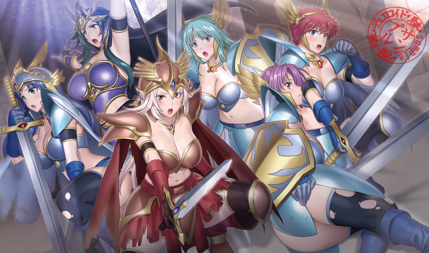 armor, boots, breasts, cleavage, gloves, navel, suzume_inui, sword