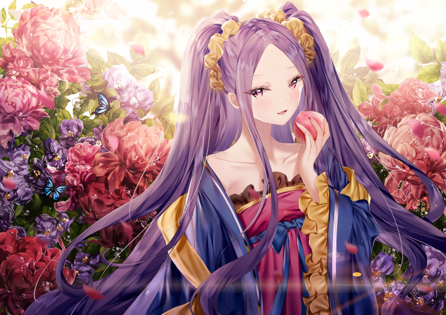 butterfly, chinese_clothes, fate/grand_order, fate_(series), flowers, food, fruit, junpaku_karen, long_hair, purple_hair, wu_zetian_(fate)