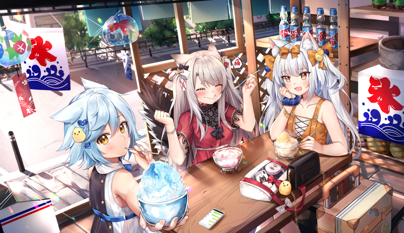animal_ears, anthropomorphism, azur_lane, blue_hair, blush, bow, catgirl, doggirl