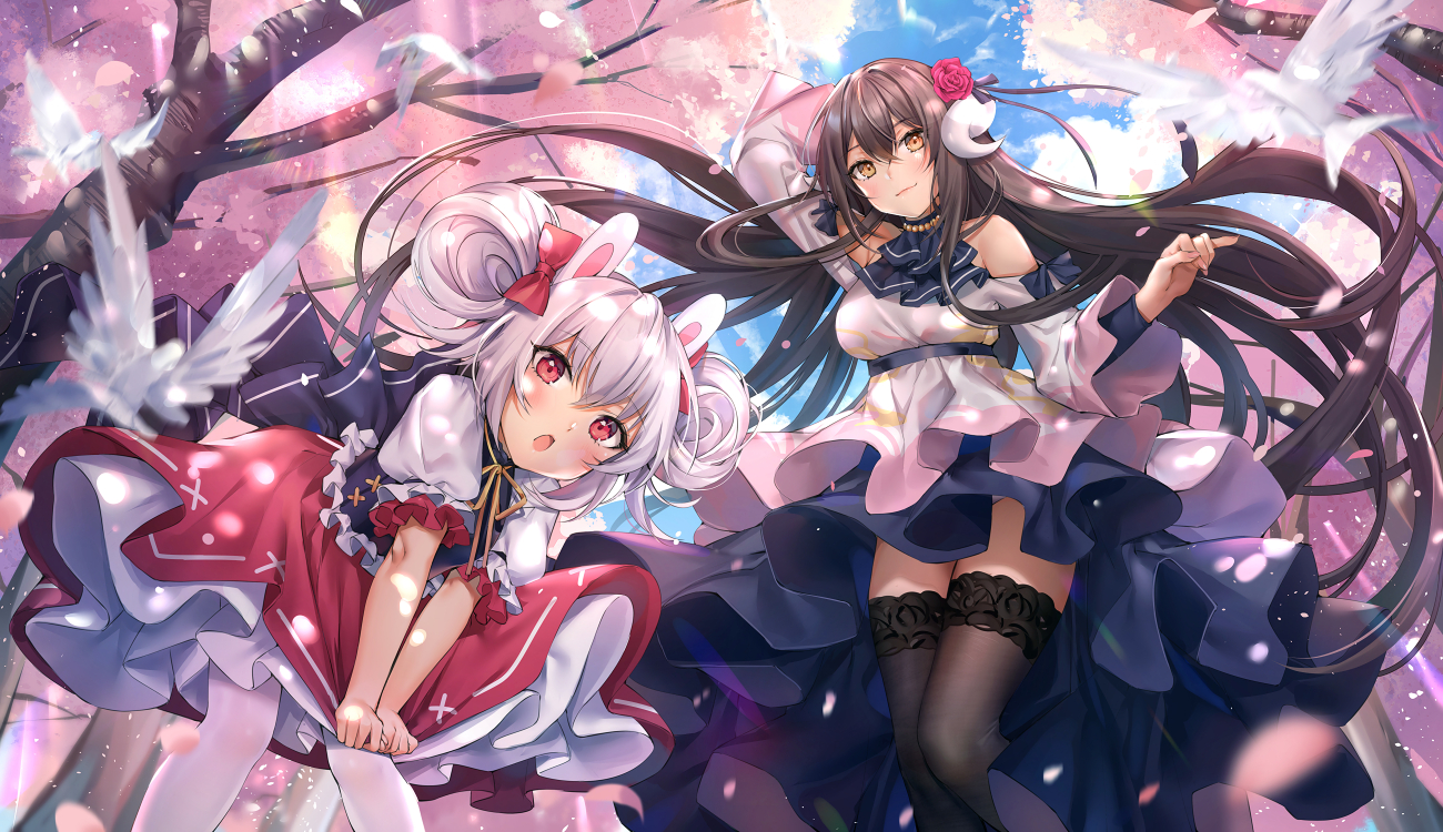 2girls, animal, anthropomorphism, azur_lane, bird, blush, brown_hair, cherry_blossoms