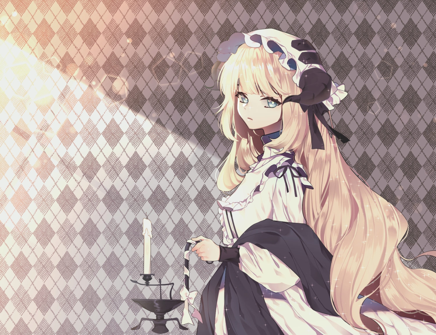 arknights, blonde_hair, blue_eyes, dress, hat, horns, long_hair, nightingale_(arknights)