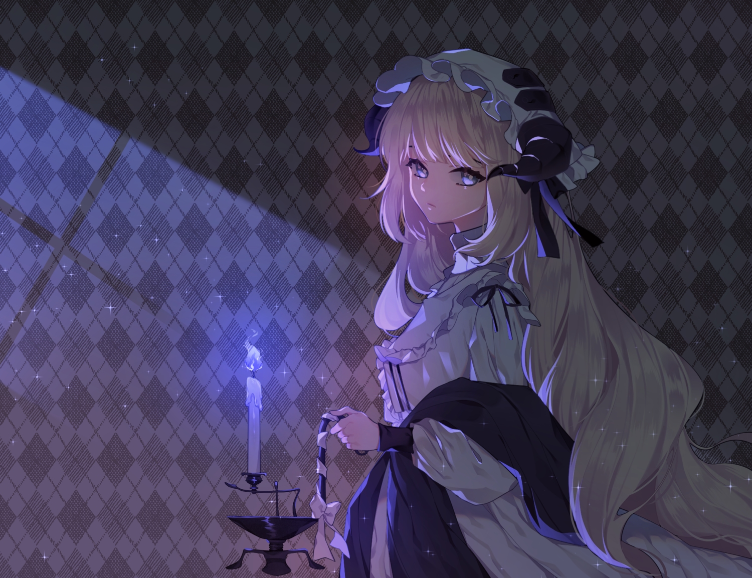 arknights, blonde_hair, blue_eyes, dark, dress, hat, horns, long_hair