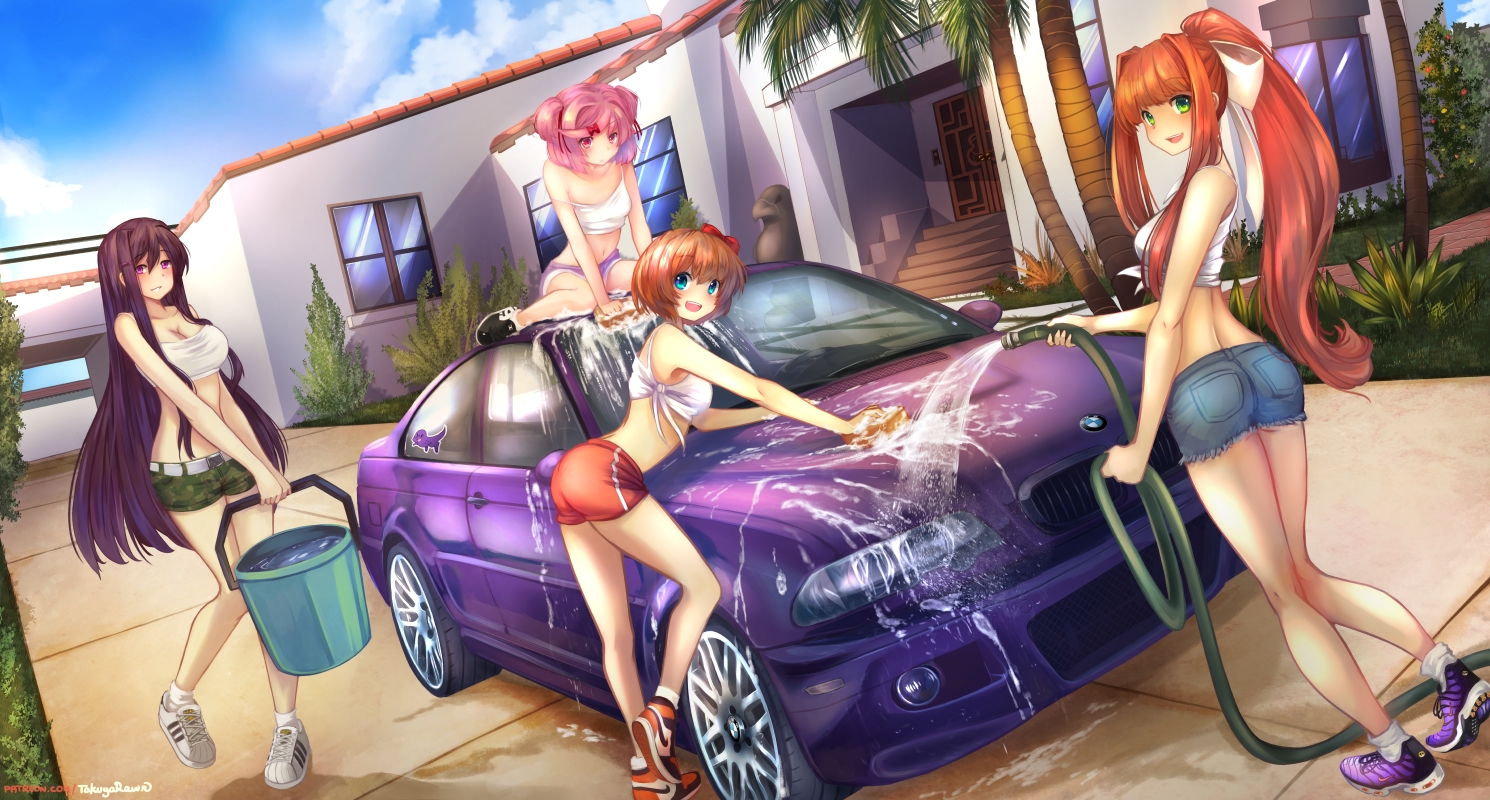 aliasing, ass, blush, brown_hair, building, car, clouds, doki_doki_literature_club!, green_eyes, group, long_hair, monika_(ddlc), natsuki_(ddlc), pink_eyes, pink_hair, ponytail, purple_eyes, purple_hair, sayori_(ddlc), short_hair, shorts, sky, takuyarawr, tree, water, watermark, yuri_(ddlc)