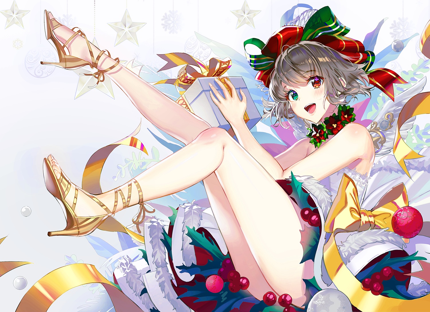 bicolored_eyes, christmas, honnou_(kjs9504), original, ribbons, short_hair