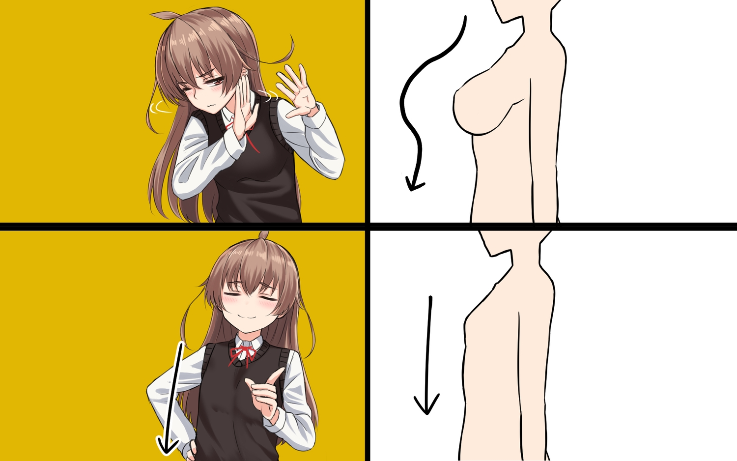 blush, breasts, brown_eyes, brown_hair, long_hair, original, parody, sketch, wink, yakob_labo