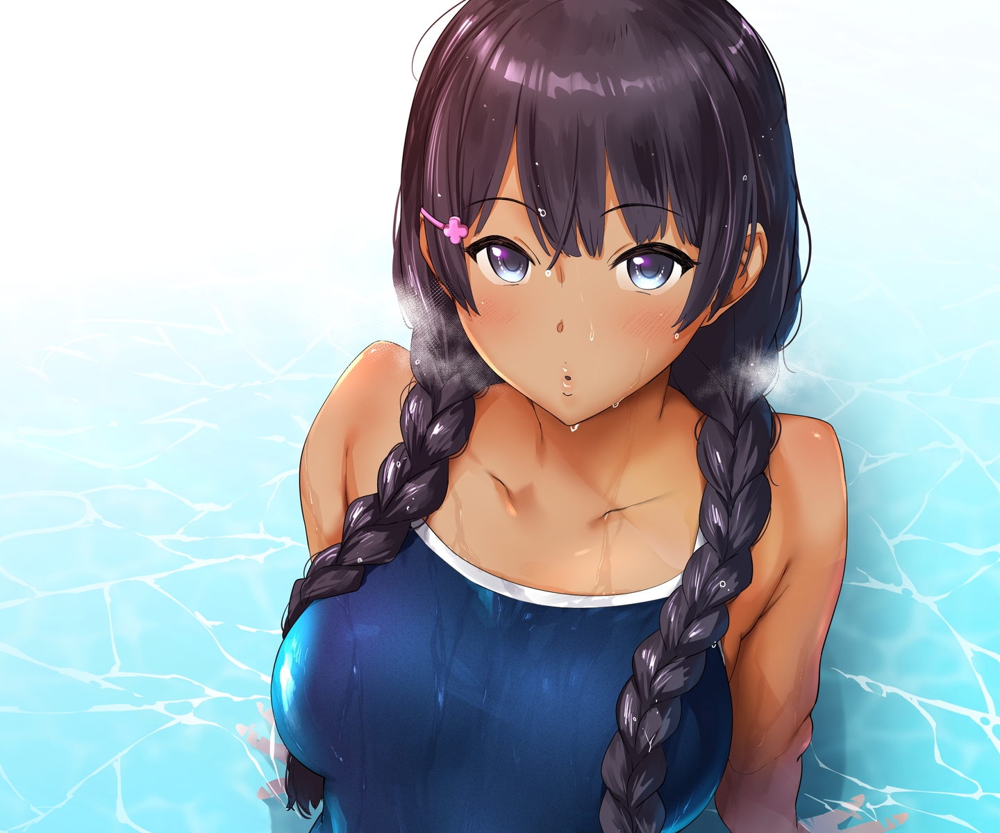 black_eyes, blue_eyes, blush, braids, breasts, cropped, dark_skin, long_hair, original, pija_(pianiishimo), school_swimsuit, swimsuit, twintails, water, wet