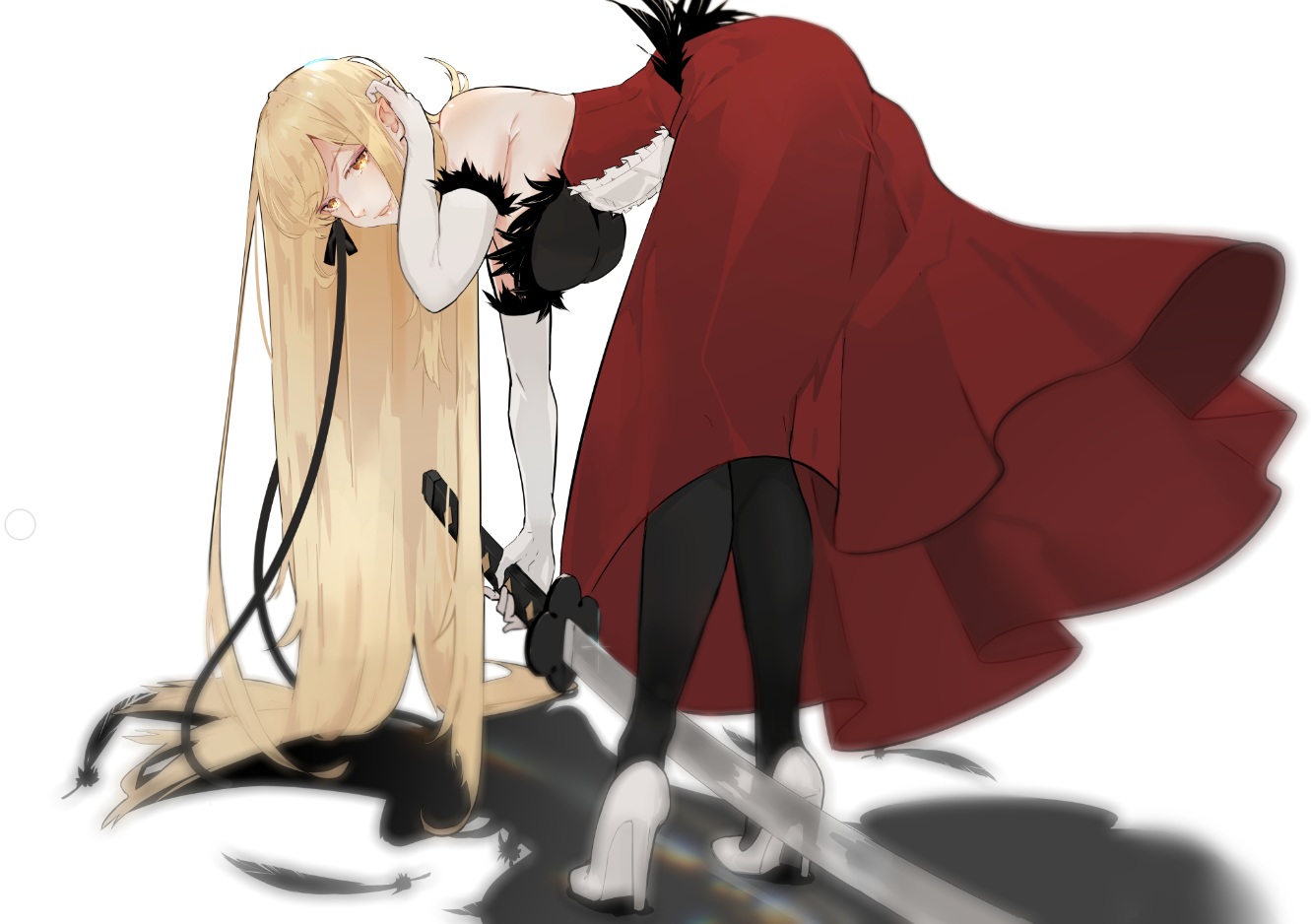 blonde_hair, breasts, dress, elbow_gloves, feathers, gloves, katana, kissshot_acerolaorion_heartunderblade