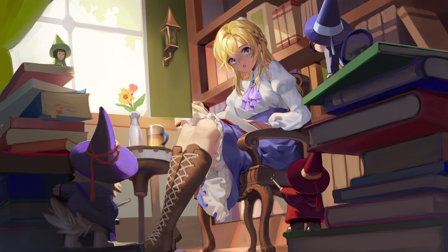 blonde_hair, blue_eyes, book, boots, braids, drink, flowers, long_hair, original, skirt, yuden6969