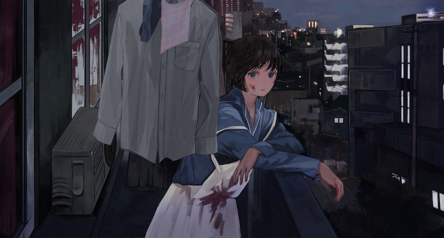 apron, black_hair, blood, blue_eyes, building, city, dark, maoyasumisumi, original, short_hair