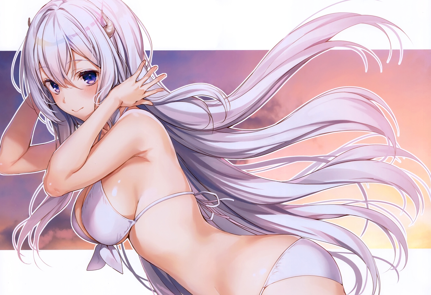 bikini, blush, horns, komeshiro_kasu, long_hair, original, purple_eyes, scan