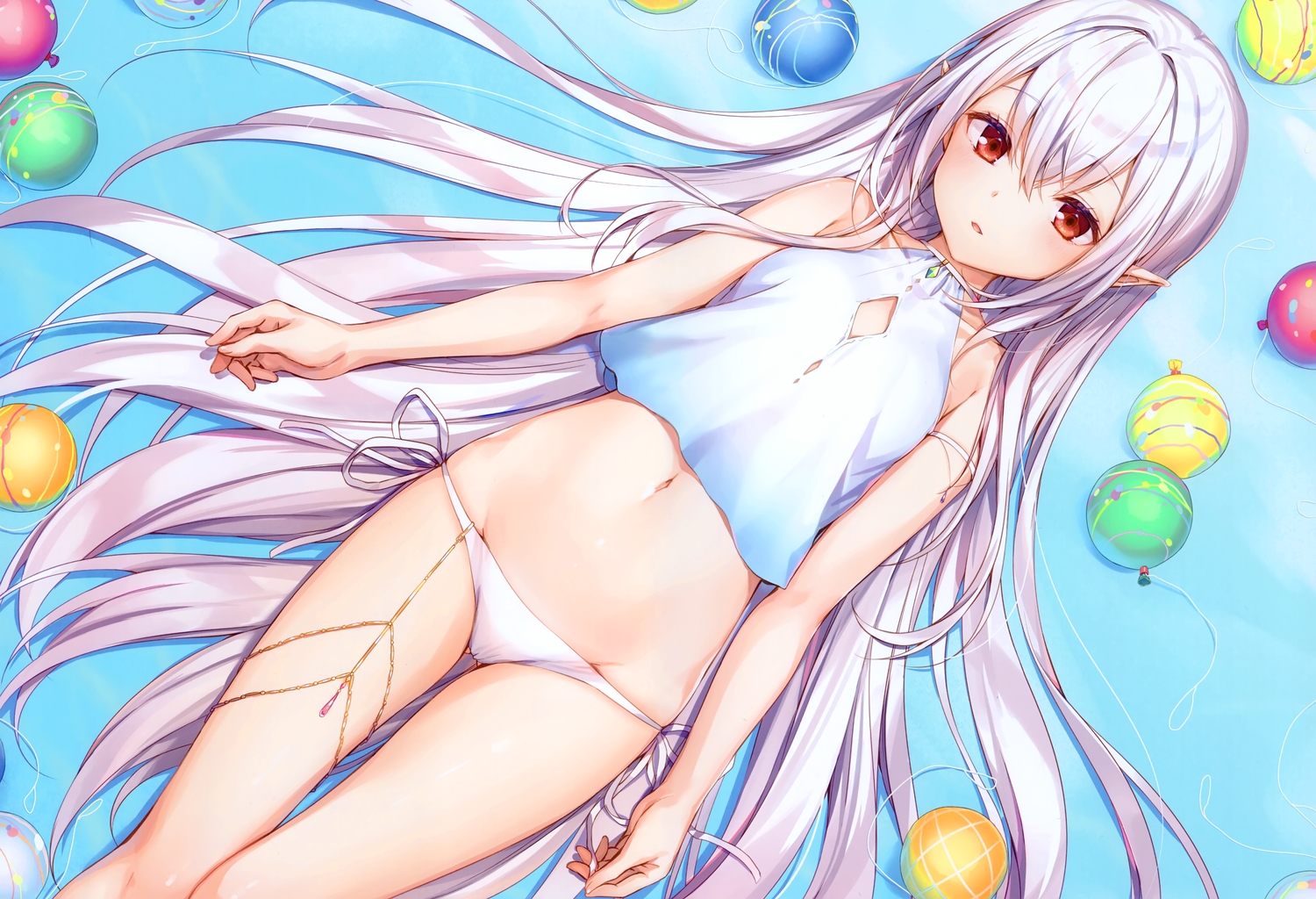 bikini, komeshiro_kasu, long_hair, navel, original, panties, pointed_ears, red_eyes, scan, swimsuit, underwear, white_hair