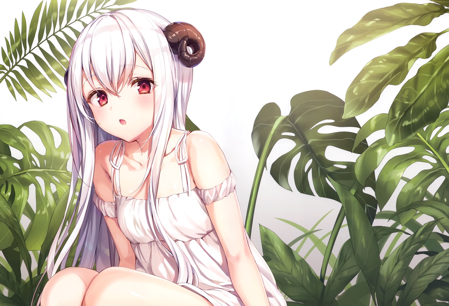 blush, dress, horns, komeshiro_kasu, long_hair, original, red_eyes, scan