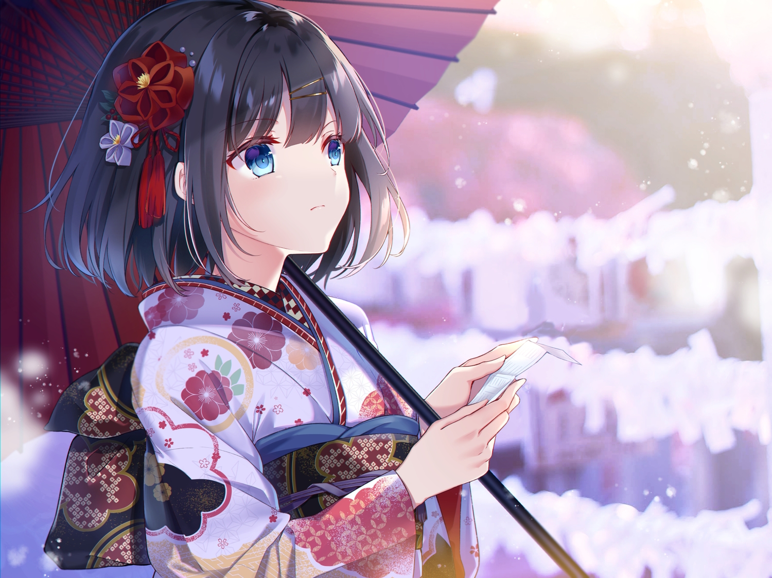 aqua_eyes, black_hair, japanese_clothes, kimono, kisaragi_yuri, original, paper, short_hair