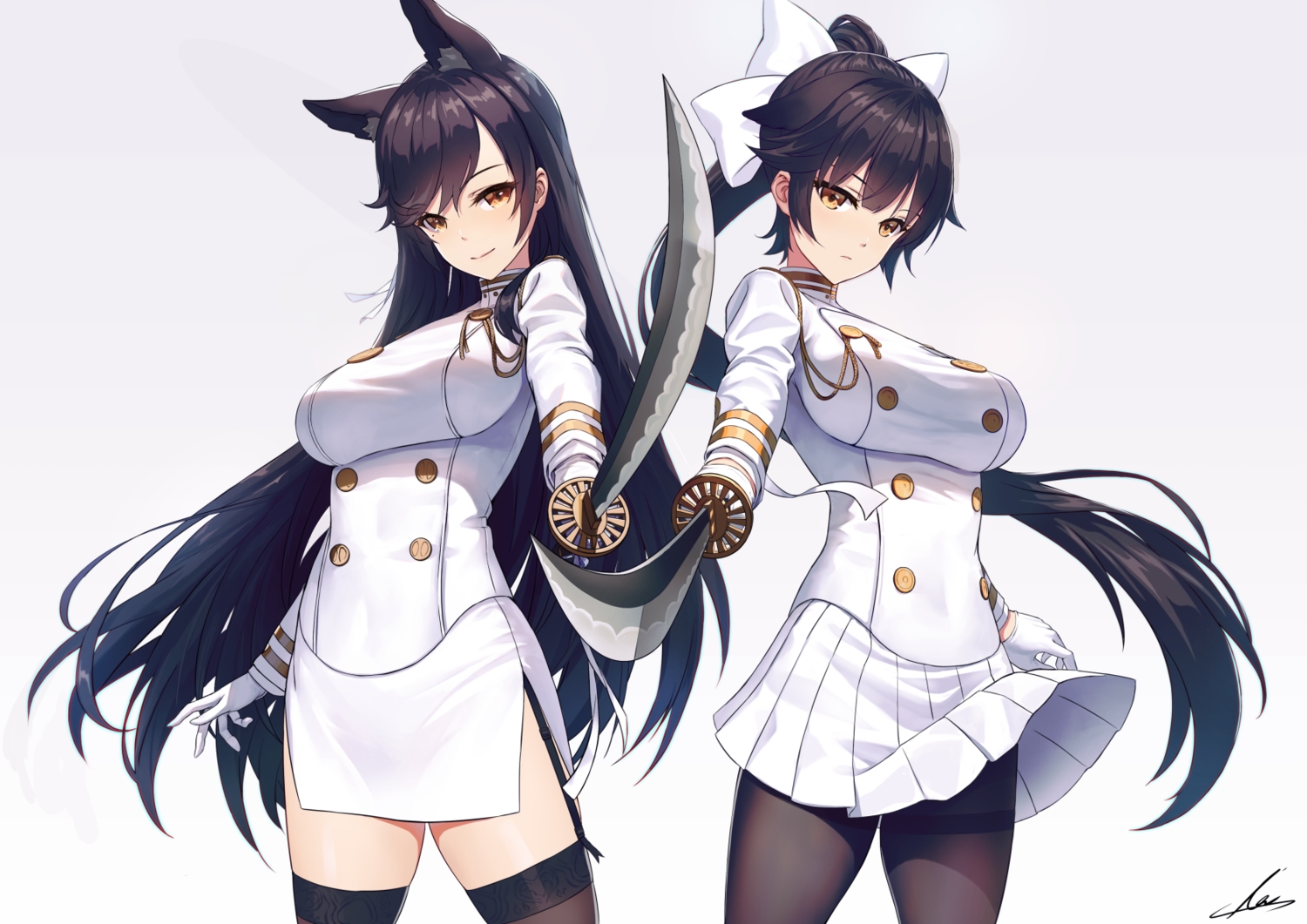 2girls, animal_ears, anthropomorphism, atago_(azur_lane), azur_lane, blush, bow, brown_eyes, brown_hair, doggirl, garter_belt, gloves, katana, long_hair, military, pantyhose, ponytail, signed, sion_(9117), skirt, stockings, sword, takao_(azur_lane), uniform, weapon, zettai_ryouiki