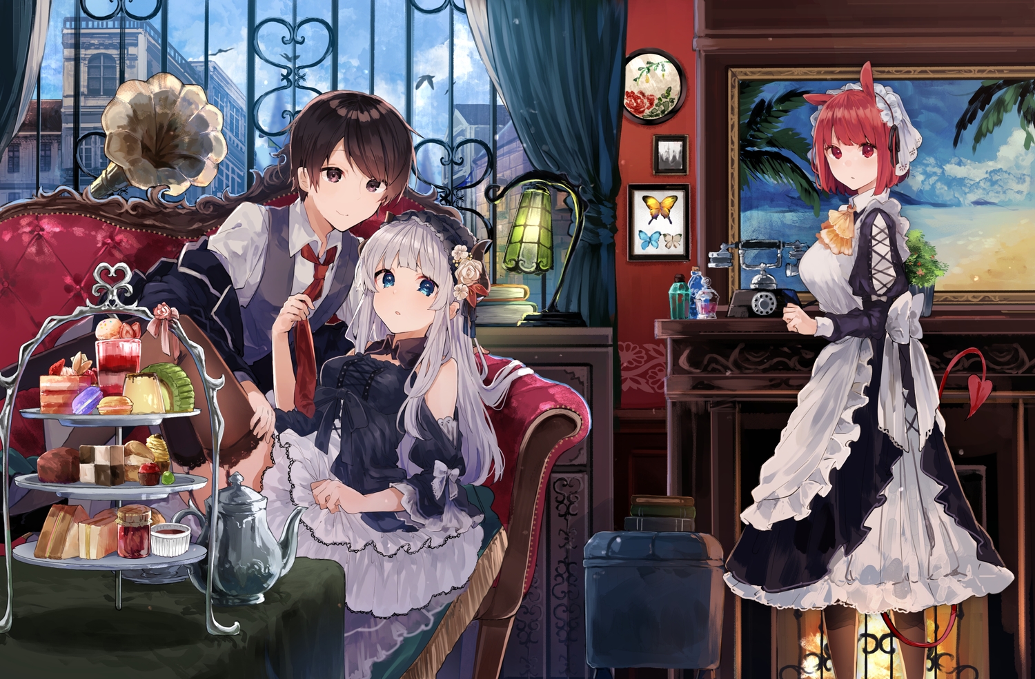 animal_ears, apron, blue_eyes, brown_hair, building, cake, clouds, couch, drink, eleanor_(maou-sama_to_kekkonshitai), flowers, food, goth-loli, haru_(maou-sama_to_kekkonshitai), hat, headband, ikeuchi_tanuma, lolita_fashion, long_hair, mabel_(maou-sama_to_kekkonshitai), maid, male, maou-sama_to_kekkonshitai, purple_eyes, red_eyes, red_hair, rose, short_hair, sky, stockings, tail, tie, white_hair