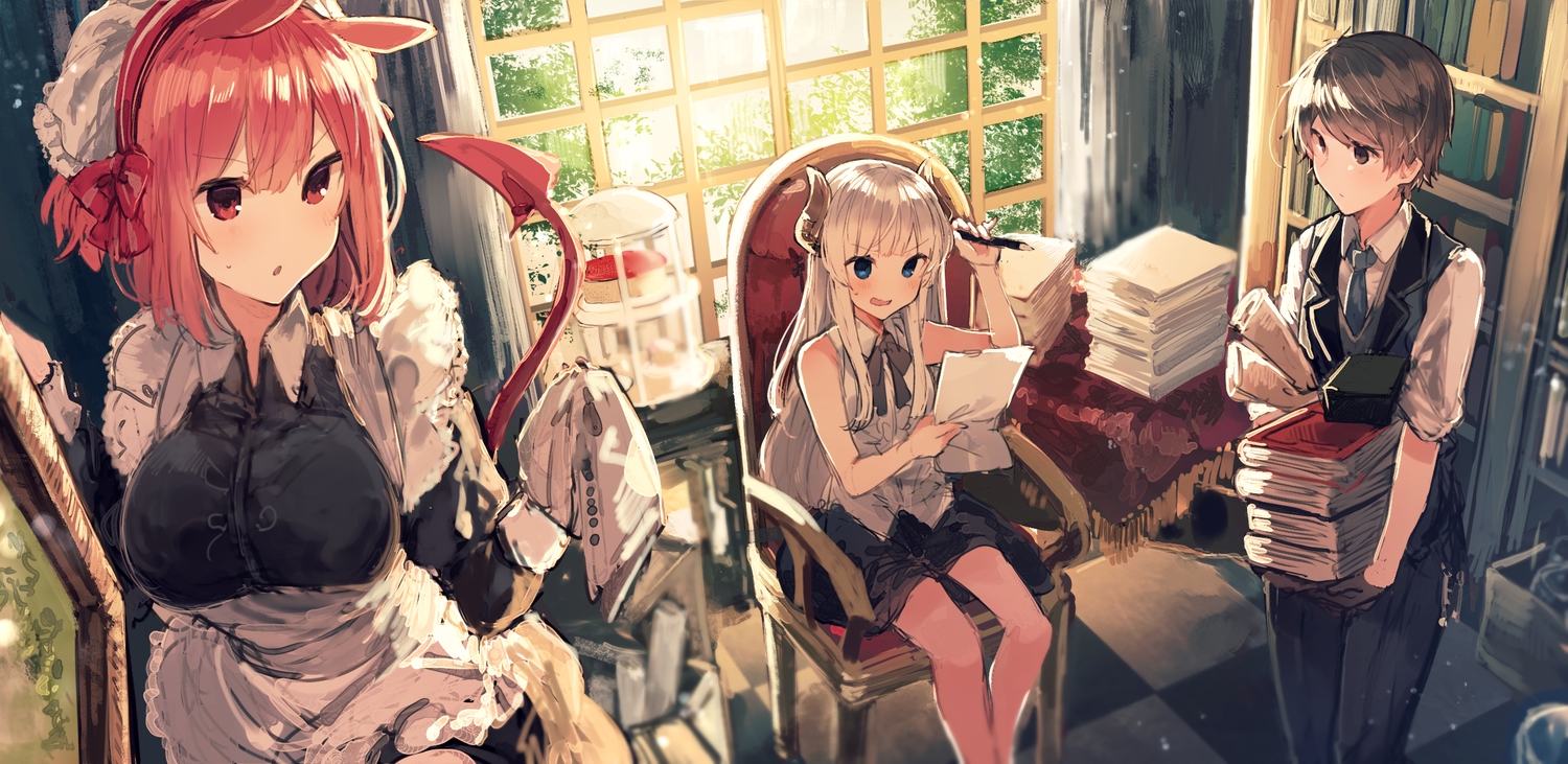 animal_ears, apron, blue_eyes, blush, book, brown_eyes, brown_hair, eleanor_(maou-sama_to_kekkonshitai), haru_(maou-sama_to_kekkonshitai), headband, horns, ikeuchi_tanuma, long_hair, mabel_(maou-sama_to_kekkonshitai), maid, male, maou-sama_to_kekkonshitai, paper, red_eyes, red_hair, short_hair, sketch, skirt, tail, tie, white_hair