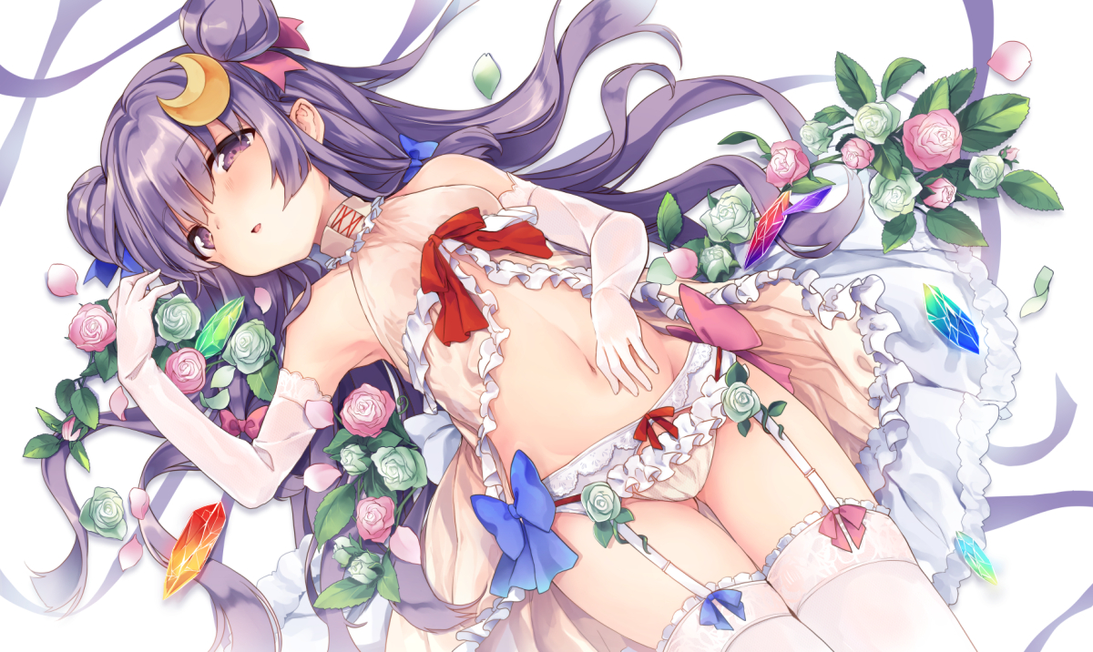 blush, elbow_gloves, flowers, garter_belt, gloves, kedama_milk, loli, long_hair, navel, panties, patchouli_knowledge, purple_eyes, purple_hair, rose, stockings, touhou, underwear