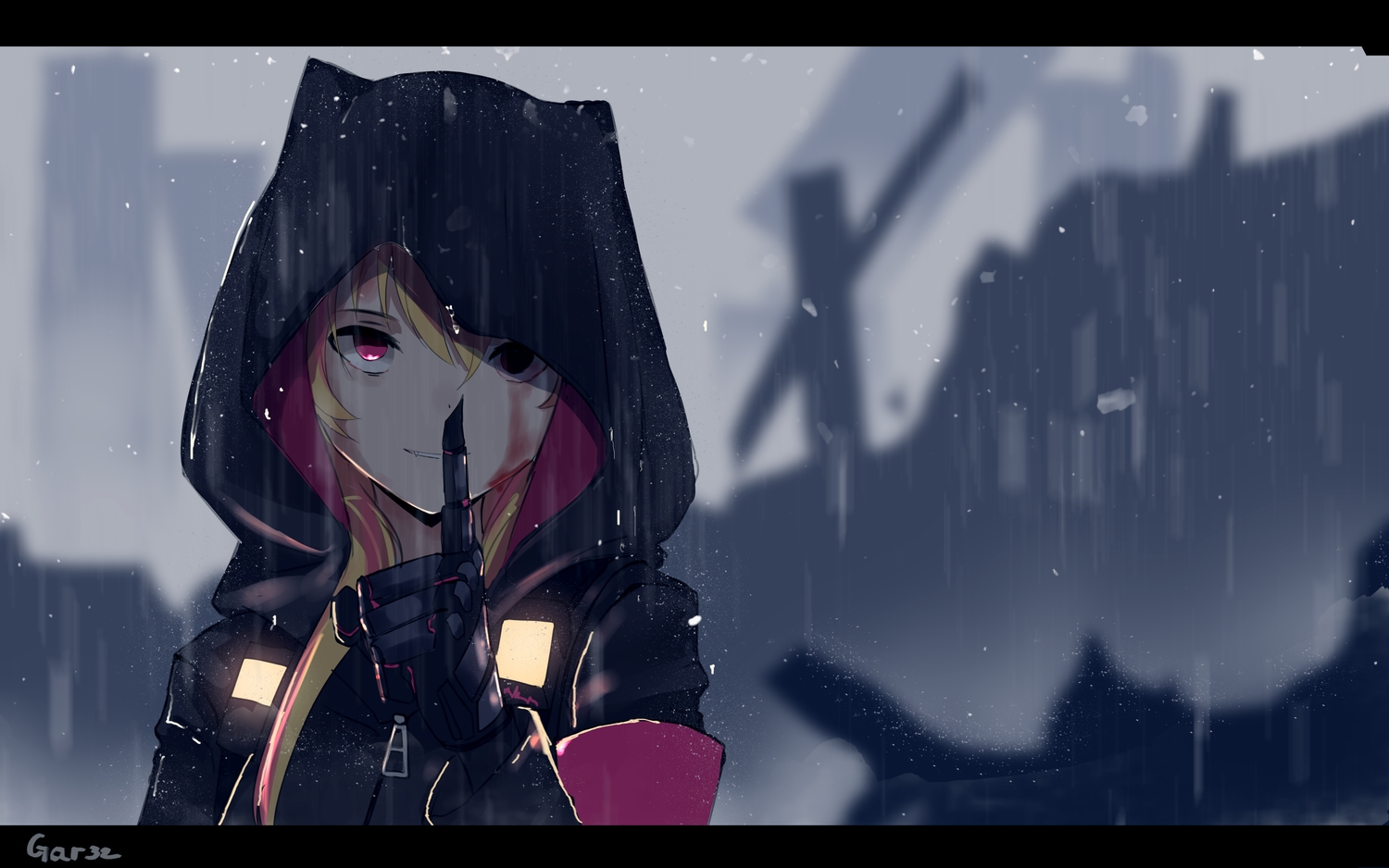 anthropomorphism, blonde_hair, close, girls_frontline, hood, m4_sopmod_ii_(girls_frontline), rain, red_eyes