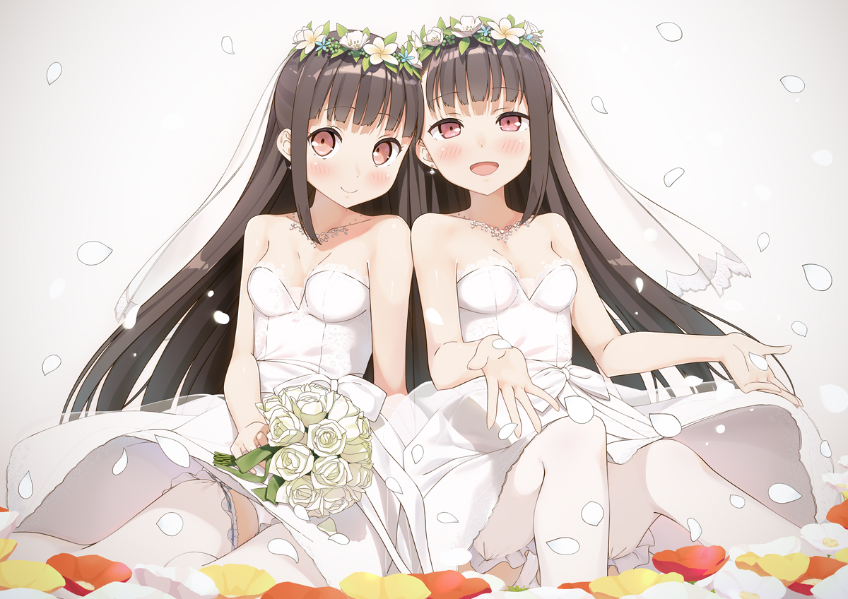2girls, blush, brown_hair, dress, flowers, headdress, long_hair, original, petals, pink_eyes, rose, thighhighs, tsubure_manjuu, twins, wedding_attire
