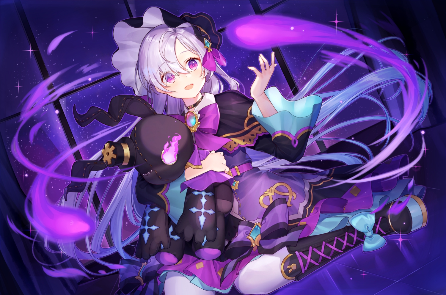 boots, bow, hat, ion_(on01e), king's_raid, lavril_(king's_raid), lolita_fashion, long_hair, night, purple_eyes, sky, stars, white_hair