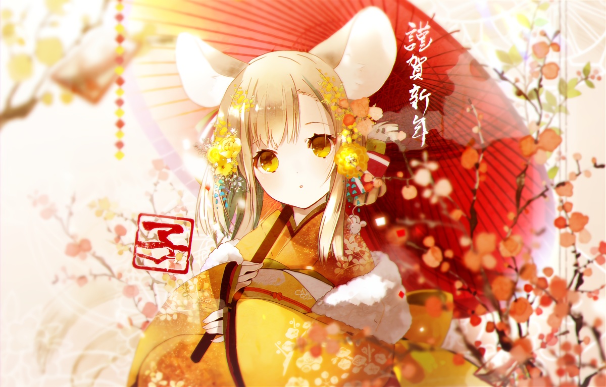 animal_ears, blonde_hair, flowers, japanese_clothes, kimono, mousegirl, original, yellow_eyes