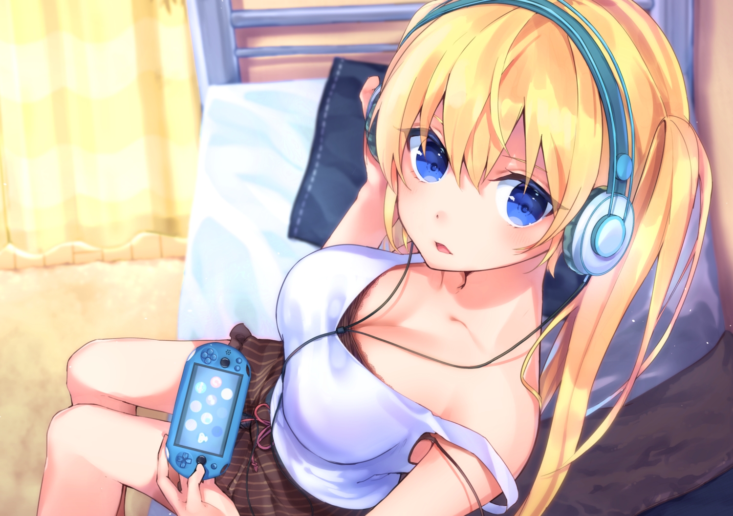 bed, blonde_hair, blue_eyes, breasts, cleavage, fuyu_(xxfylia), game_console, headphones, original, shorts, twintails