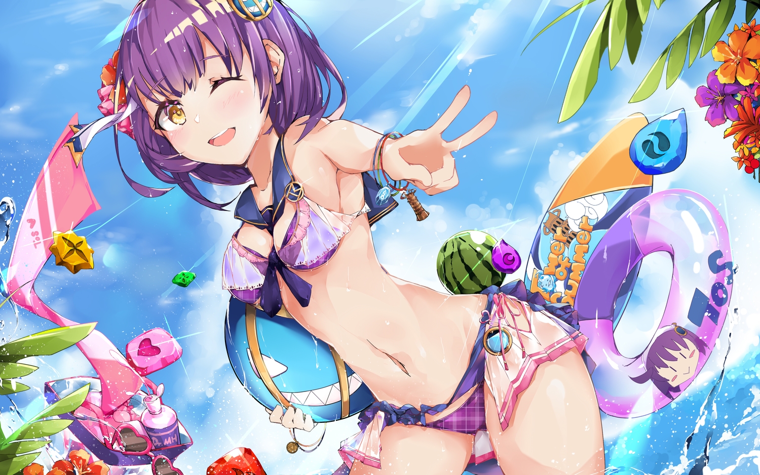 bikini, clouds, polymer77721, short_hair, sky, swim_ring, swimsuit, tagme_(character), tower_of_saviors, water, wink