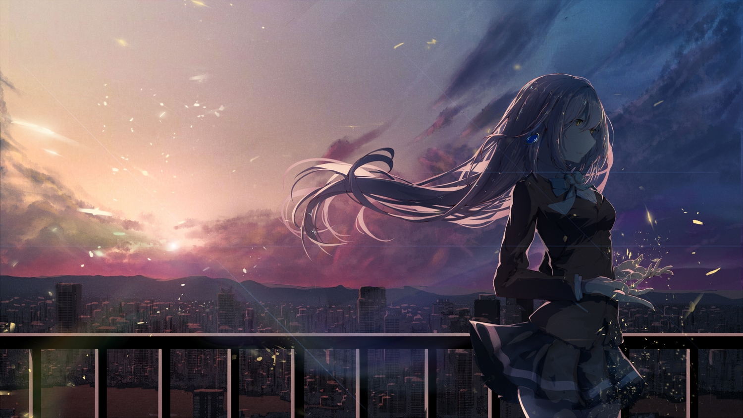 building, city, clouds, irozuku_sekai_no_ashita_kara, long_hair, re:rin, scenic, school_uniform, sky, sunset, tsukishiro_hitomi
