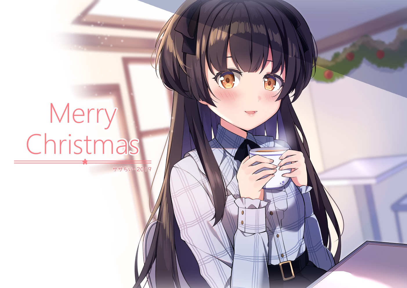 black_hair, blush, christmas, drink, idolmaster, idolmaster_shiny_colors, long_hair, mayuzumi_fuyuko