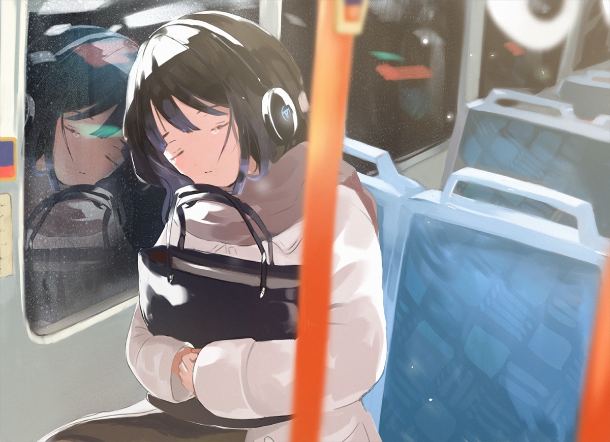 black_hair, headphones, original, reflection, scarf, sleeping, snow, tasuku_(otomebotan)