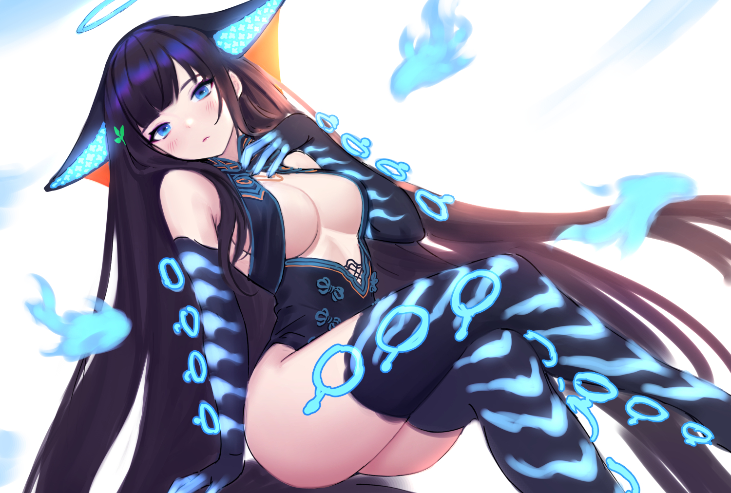 animal_ears, black_hair, blue_eyes, breasts, elbow_gloves, fate/grand_order, fate_(series), gloves, long_hair, magic, no_bra, siun, thighhighs, yang_guifei_(fate/grand_order)