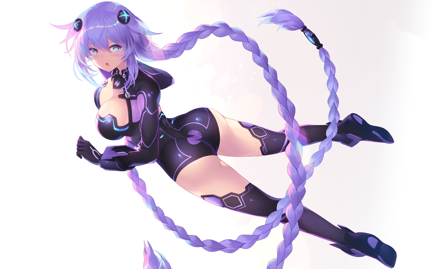 aqua_eyes, ass, bodysuit, braids, breasts, cait, cleavage, cropped