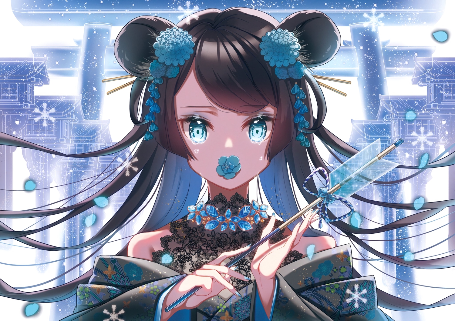 aqua_eyes, bell, black_hair, flowers, ktmzlsy720, long_hair, original, petals
