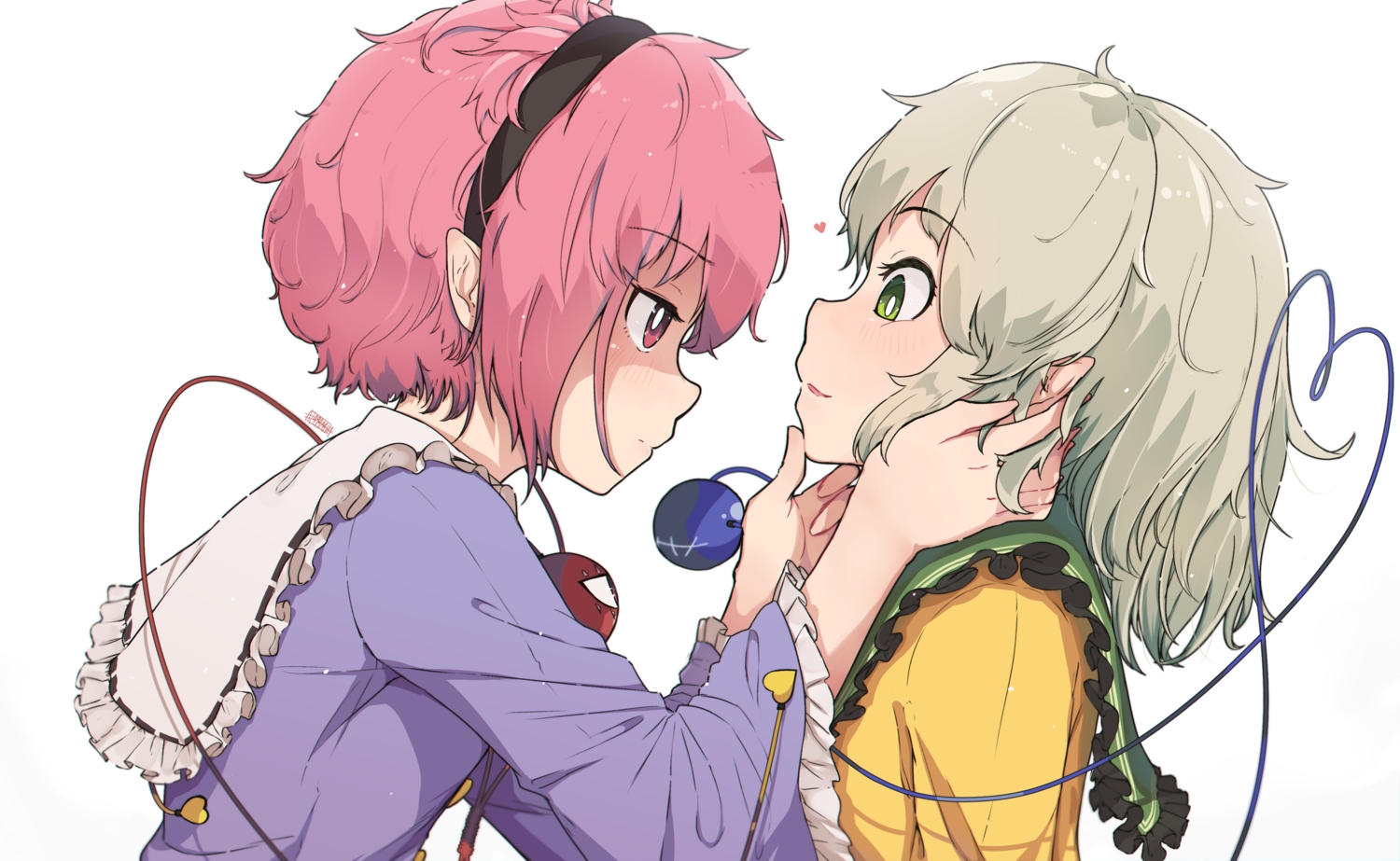 green_eyes, green_hair, headband, komeiji_koishi, komeiji_satori, pink_eyes, pink_hair, pointed_ears, senzaicha_kasukadoki, short_hair, shoujo_ai, touhou, white